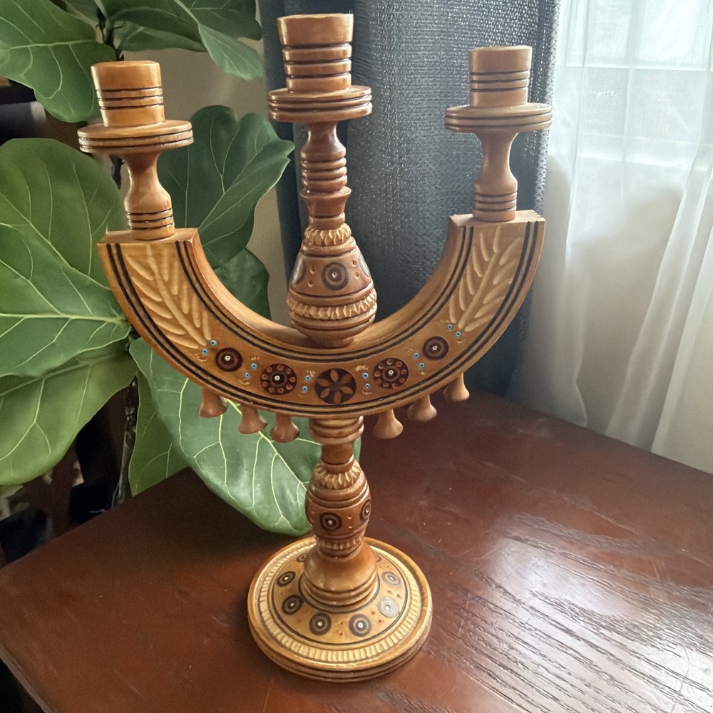 Vintage Ukrainian Hutsul Carved Wooden Candelabra Folk Art/Boho Bead Inlay